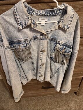 Forever 21 Light Blue Acid Wash Denim Jacket with Chain Fringe
